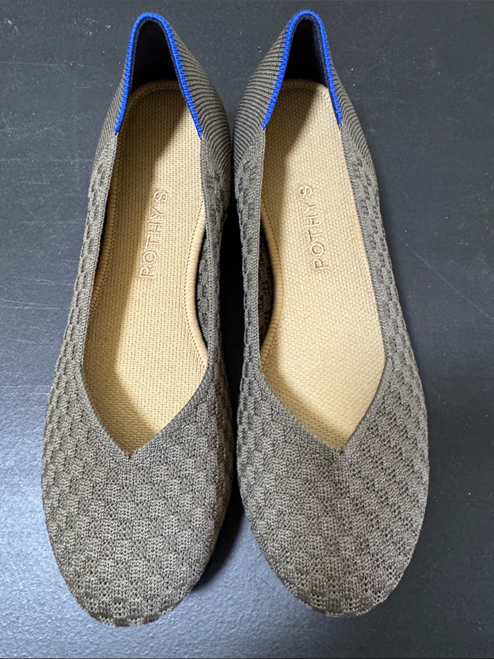 Rothy's Olive Brown Knit Ballet Flats with Blue Trim